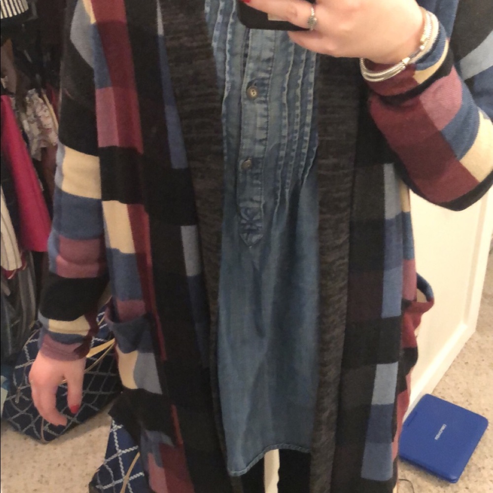 Burgundy and blue checkered open front cardigan